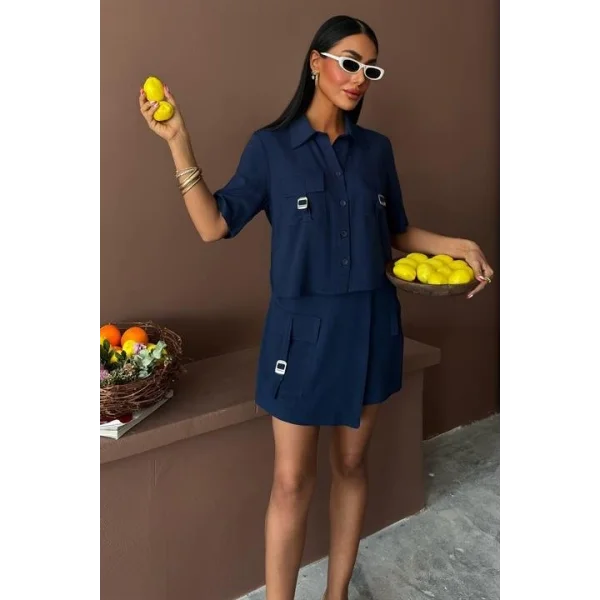 Gömlek Şort Etek Viscon Keten Takım 10162