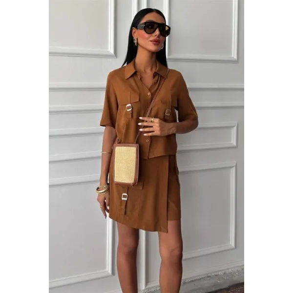 Gömlek Şort Etek Viscon Keten Takım 10162