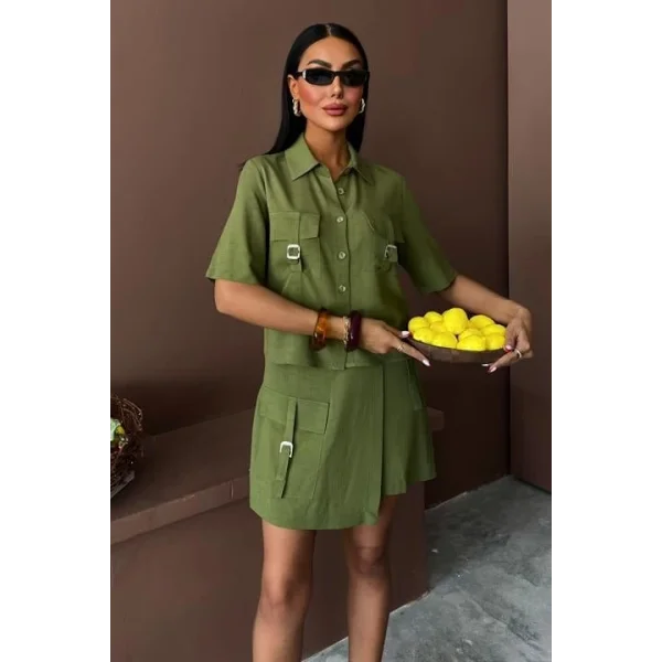 Gömlek Şort Etek Viscon Keten Takım 10162