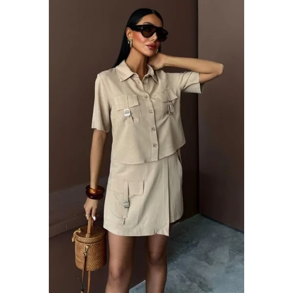 Gömlek Şort Etek Viscon Keten Takım 10162