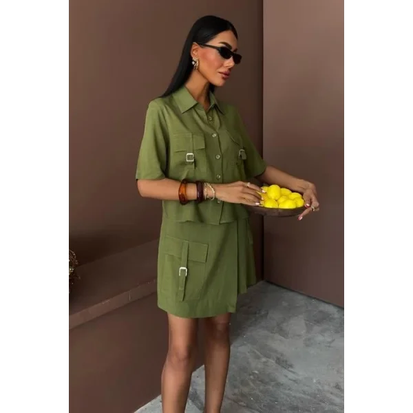 Gömlek Şort Etek Viscon Keten Takım 10162