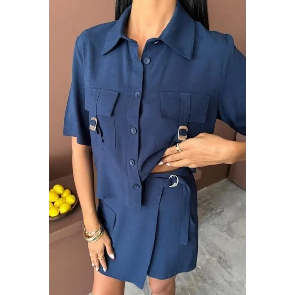 Gömlek Şort Etek Viscon Keten Takım 10162