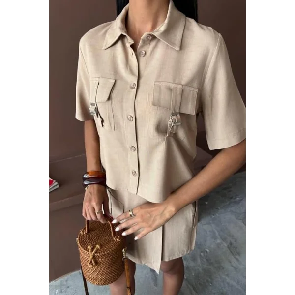 Gömlek Şort Etek Viscon Keten Takım 10162