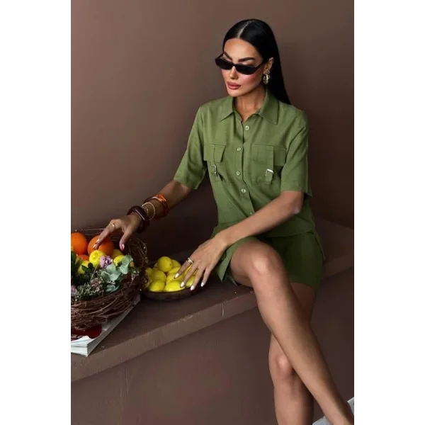 Gömlek Şort Etek Viscon Keten Takım 10162