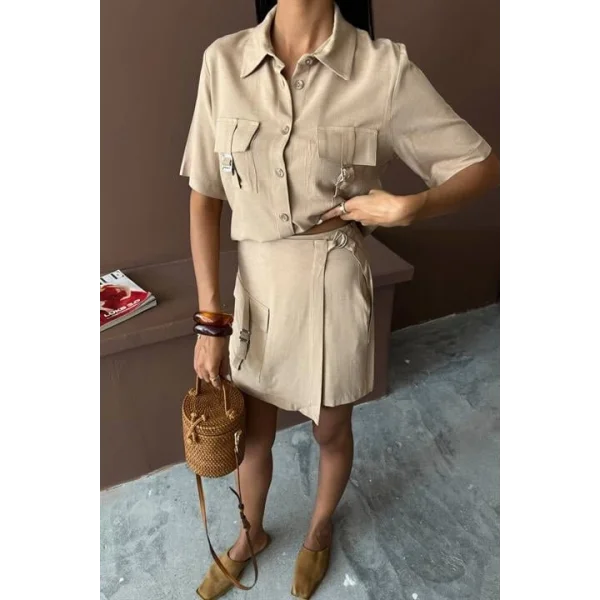 Gömlek Şort Etek Viscon Keten Takım 10162