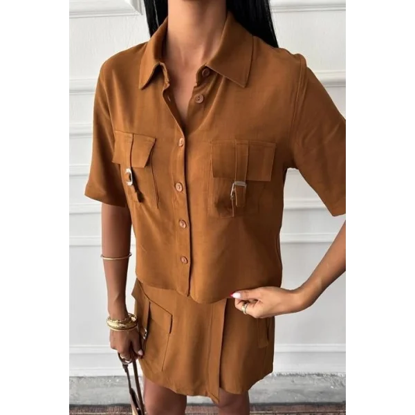 Gömlek Şort Etek Viscon Keten Takım 10162