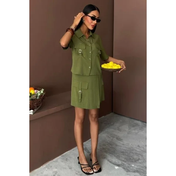 Gömlek Şort Etek Viscon Keten Takım 10162