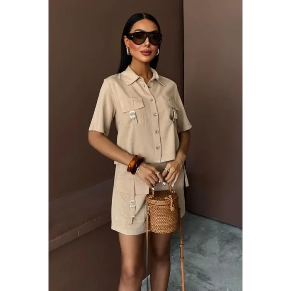 Gömlek Şort Etek Viscon Keten Takım 10162