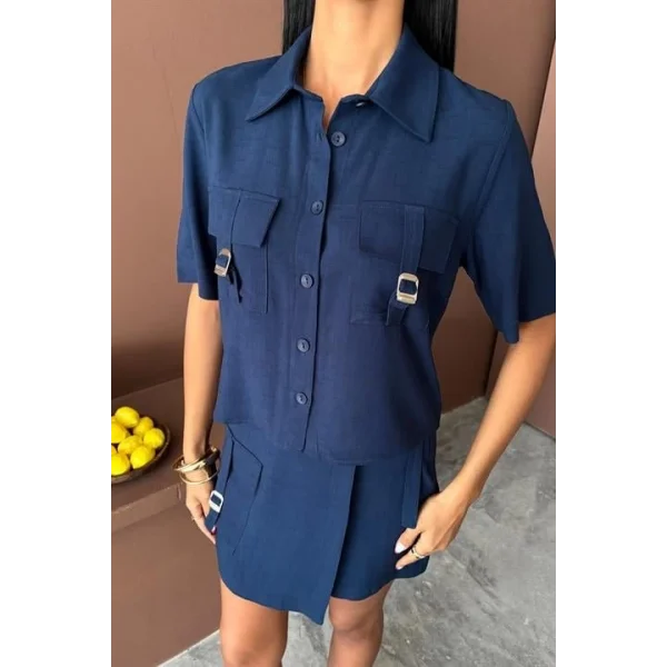 Gömlek Şort Etek Viscon Keten Takım 10162