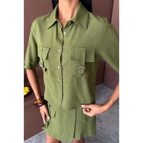 Gömlek Şort Etek Viscon Keten Takım 10162