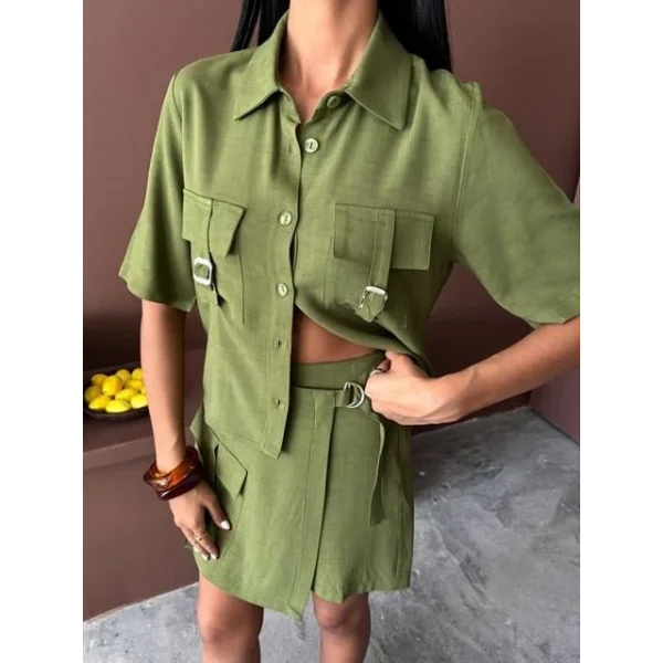 Gömlek Şort Etek Viscon Keten Takım 10162