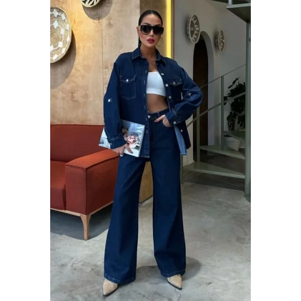 Gömlek Ve Palazzo Pantolon Klasik Denim Takım 10070