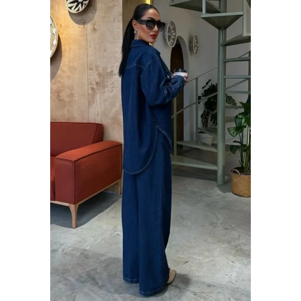 Gömlek Ve Palazzo Pantolon Klasik Denim Takım 10070