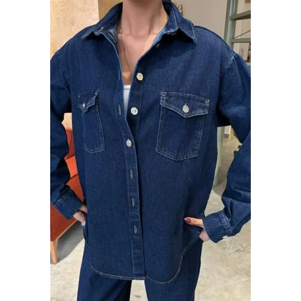 Gömlek Ve Palazzo Pantolon Klasik Denim Takım 10070