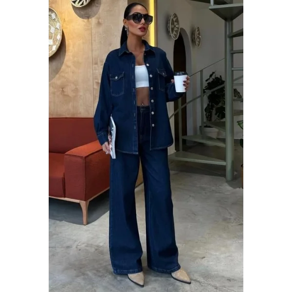 Gömlek Ve Palazzo Pantolon Klasik Denim Takım 10070