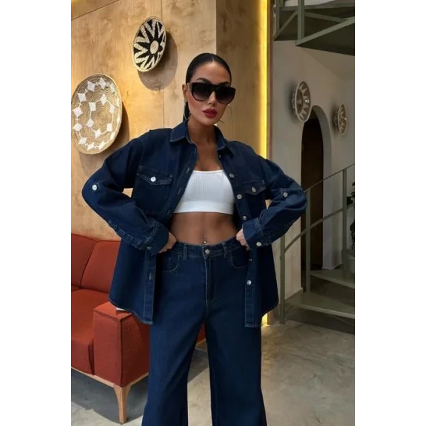 Gömlek Ve Palazzo Pantolon Klasik Denim Takım 10070
