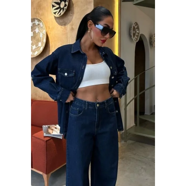 Gömlek Ve Palazzo Pantolon Klasik Denim Takım 10070