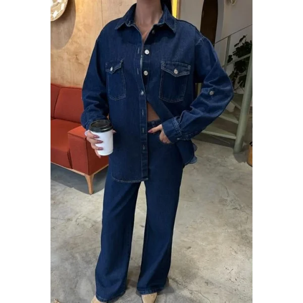Gömlek Ve Palazzo Pantolon Klasik Denim Takım 10070