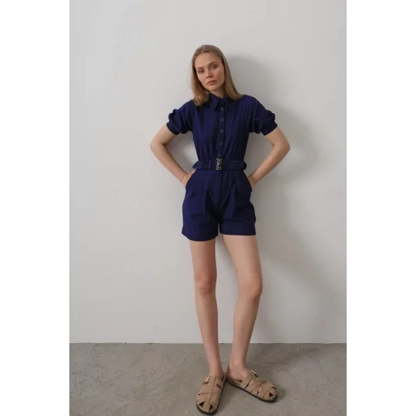 Gömlek Yaka Gabardin Tulum - İndigo