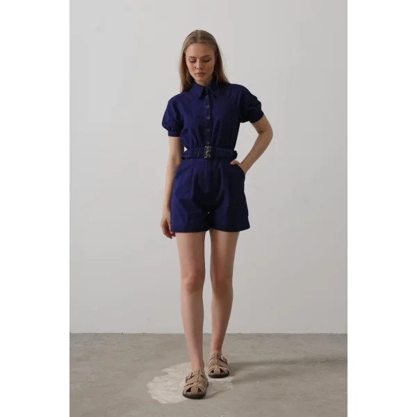 Gömlek Yaka Gabardin Tulum - İndigo