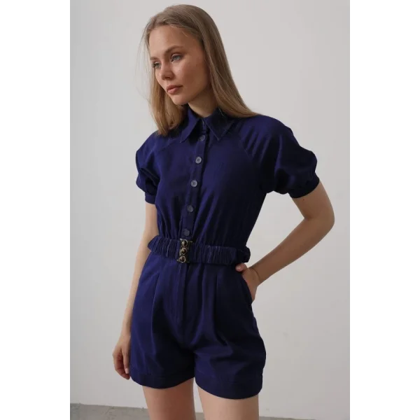 Gömlek Yaka Gabardin Tulum - İndigo