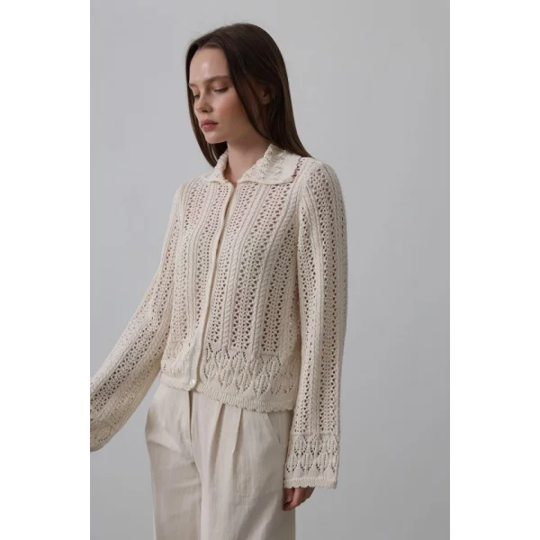 Gömlek Yaka Uzun Kol Triko - Ekru