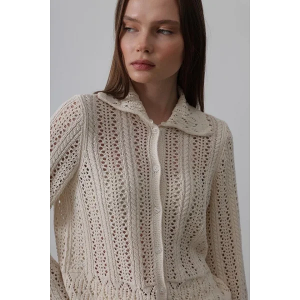 Gömlek Yaka Uzun Kol Triko - Ekru