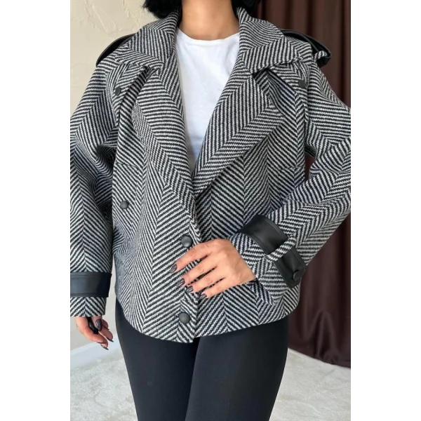 Gri Çizgili Deri Garnili Ceket