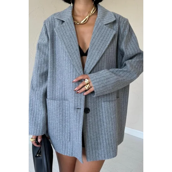 Gri Çizgili Oversize Ceket