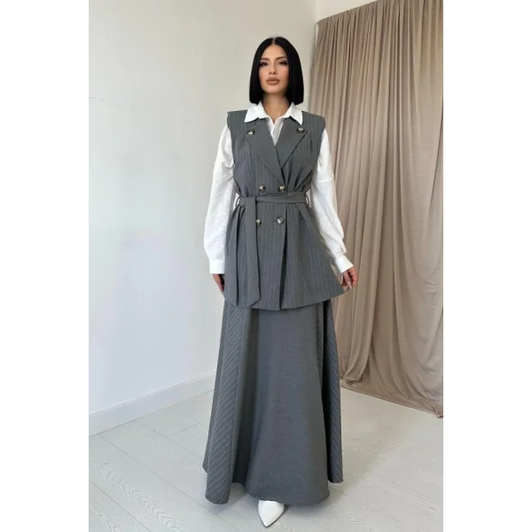 Gri Çizgili Uzun Çizgili Yelek Ve Etek Takım
