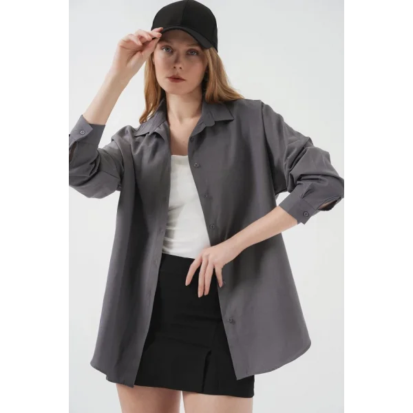 Gri Düz Oversize Uzun Basic Gömlek 3900