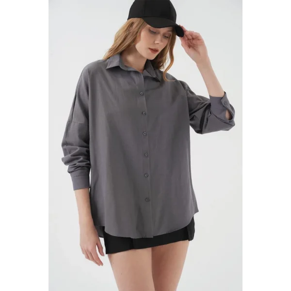 Gri Düz Oversize Uzun Basic Gömlek 3900