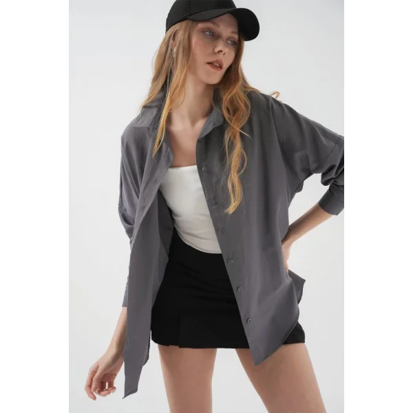 Gri Düz Oversize Uzun Basic Gömlek 3900