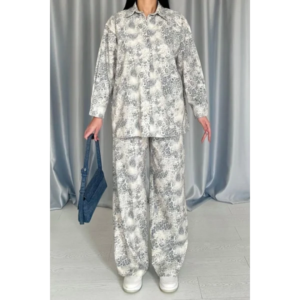 Gri eopar Desenli Ceket Ve Pantolon Keten Takım