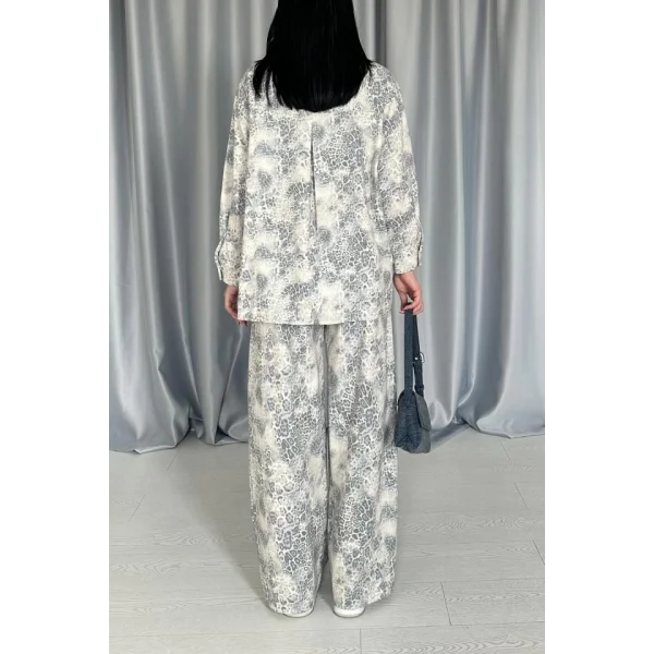Gri eopar Desenli Ceket Ve Pantolon Keten Takım