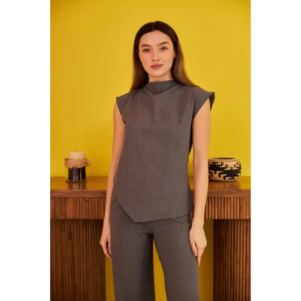 Gri ıfır Kol Düğmeli Gömlek Takım