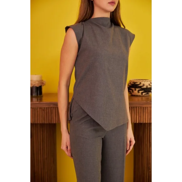 Gri ıfır Kol Düğmeli Gömlek Takım