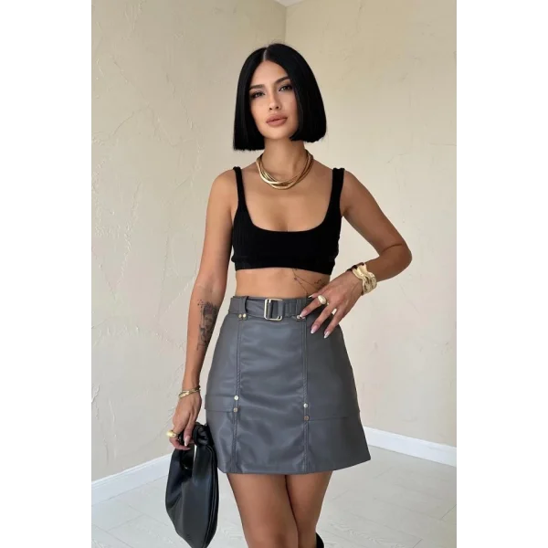 Gri Kemerli Mini Deri Etek