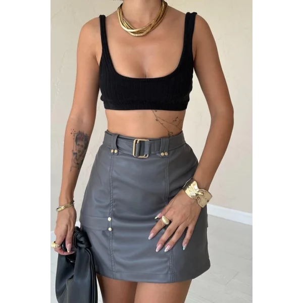 Gri Kemerli Mini Deri Etek