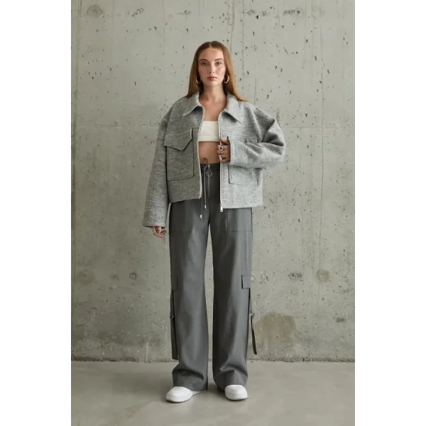 Gri Önden Fermuarlı Pantolon