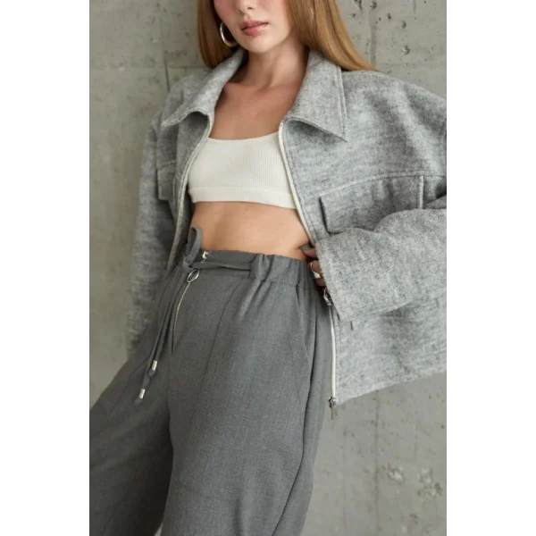 Gri Önden Fermuarlı Pantolon