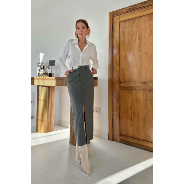 Gri Patı Garnili Poliviskon Etek