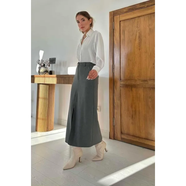 Gri Patı Garnili Poliviskon Etek