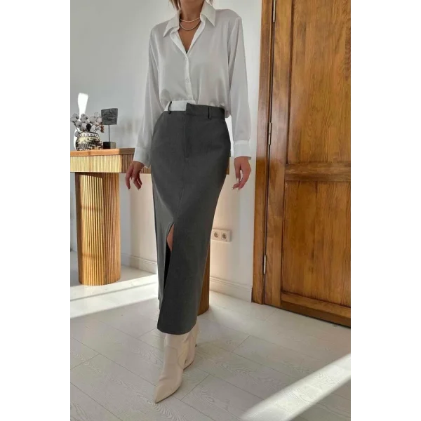 Gri Patı Garnili Poliviskon Etek