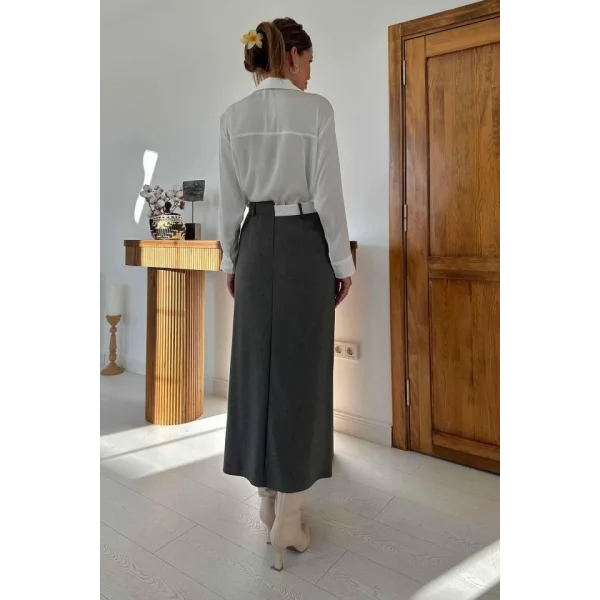 Gri Patı Garnili Poliviskon Etek