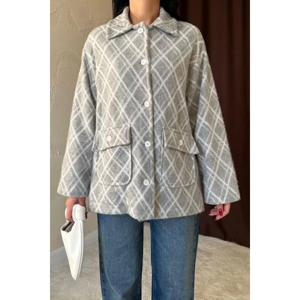 Gri Polar Baklava Ekose Ceket