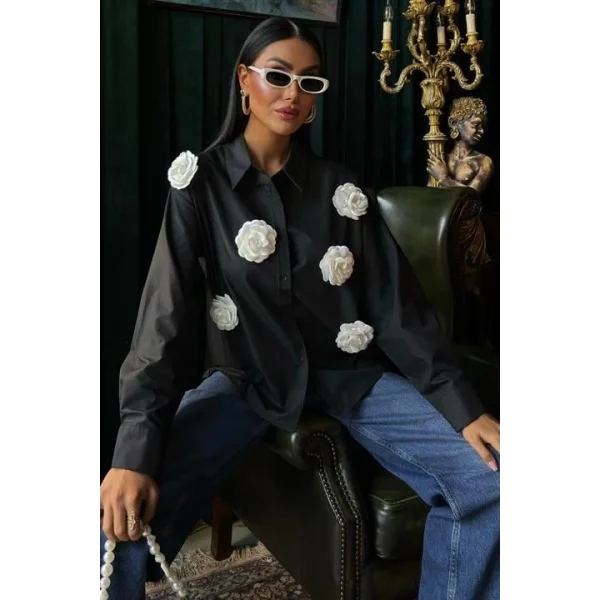 Gül Aksesuarlı Poplin Gömlek 3442