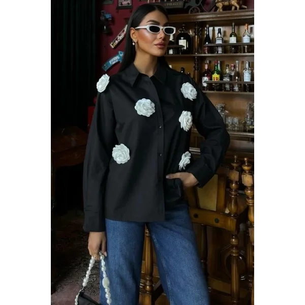 Gül Aksesuarlı Poplin Gömlek 3442