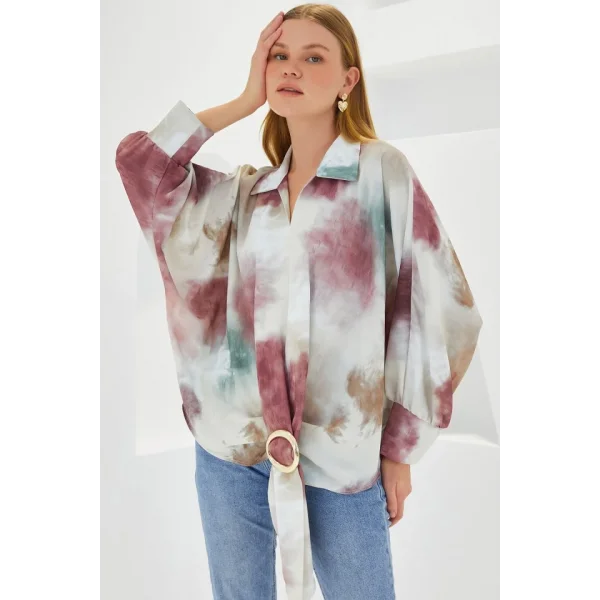 Gül Kurusu Ekru Oversize Dökümlü Saten Gömlek 907