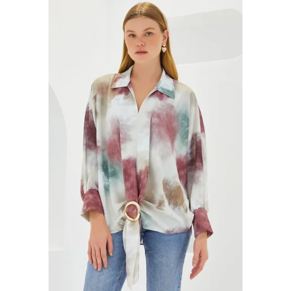 Gül Kurusu Ekru Oversize Dökümlü Saten Gömlek 907